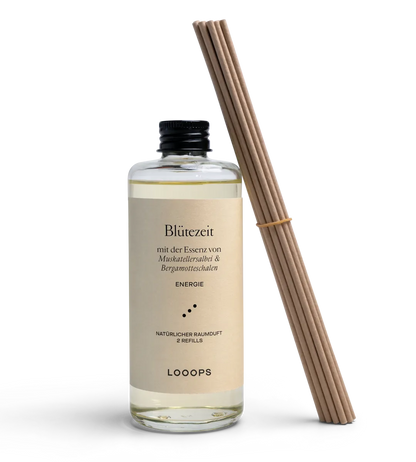 Glass bottle room fragrance Blütezeit with paper sticks