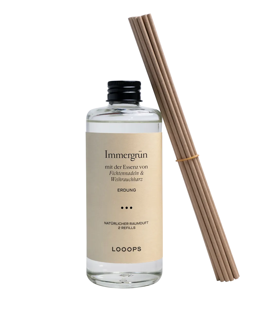Glass bottle room fragrance Immergrün with paper sticks