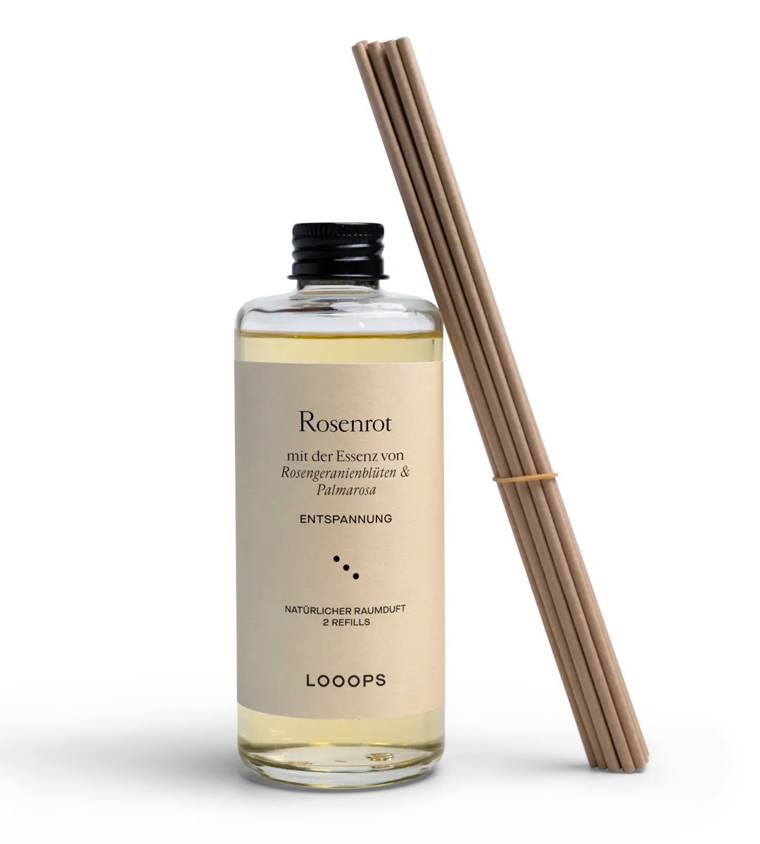 Glass bottle of Rosenrot room fragrance with paper sticks