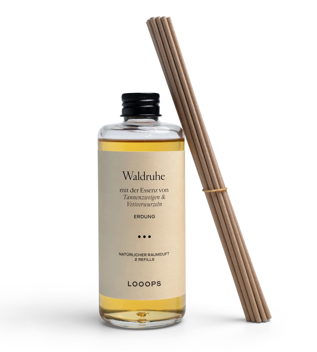 Glass bottle room fragrance Waldruhe with paper sticks