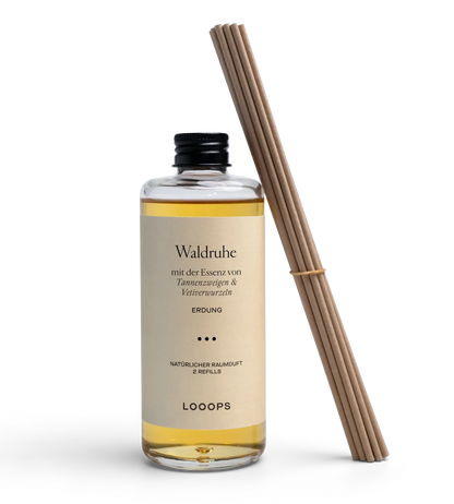 Glass bottle room fragrance Waldruhe with paper sticks